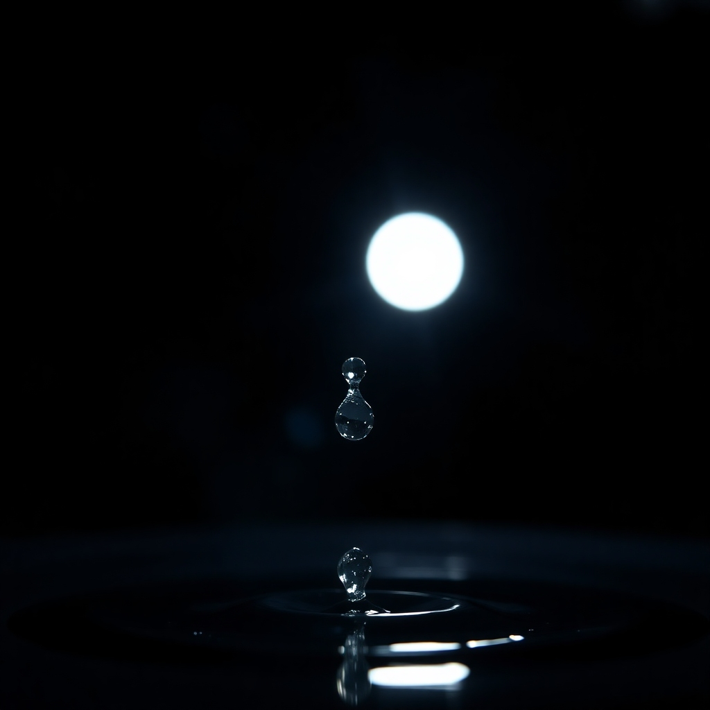 明るいストロボ ライトで照らされ、空中で凍った水滴を高速撮影した写真のようなリアルな画像です。暗くぼやけた背景で水滴の鮮明なフォーカスを強調しています。画像には、ドラマチックなコントラストと、時間の中で凍った動きの感覚が必要です。画像には、ストロボ光源がかすかに見える必要があります。